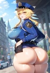 1girls ai_generated ass ass_focus bangs belt blonde_hair blue_headwear blue_jacket blue_shirt blue_skirt blue_sky blush breasts building car city clothing cloud curvaceous curvaceous_female curvaceous_figure curvy curvy_figure day feather_hair_ornament feathers female female female_focus female_only from_behind genshin_impact ground_vehicle hair_between_eyes hair_ornament hands_on_hips hat headwear hoyoverse huge_ass huge_breasts inviting inviting_to_sex jacket large_ass large_breasts long_hair long_sleeves looking_at_viewer looking_back lumine_(genshin_impact) miyuai motor_vehicle open_mouth outdoors parted_lips police police_hat police_uniform policewoman pouch road seductive seductive_look seductive_smile shirt short_hair_with_long_locks sidelocks skirt sky smile solo solo_focus standing street sweat thick_thighs thighs tied_hair uniform vehicle voluptuous voluptuous_female wide_hips yellow_eyes