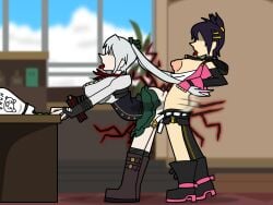 black_hair boots breasts breasts_out butt_ripples ciel_alencon clothed_sex crash2262 doggy_style faceless_female faceless_futanari fast_thrusts fingerless_gloves futa_on_female futanari gameplay_mechanics gloves god_eater god_eater_2:_rage_burst hair_grab hairclip handlebars hoodie kouzuki_nana nana_kozuki pale-skinned_female pale_skin panties_around_one_leg pants_down public public_sex rough_sex self_upload silver_hair skirt_lift tagme tongue_out unbuckled_belt white_hair