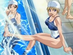 00s 2005 2girls anime_screenshot ass barefoot bible_black bible_black_only blonde_hair breasts brown_hair curvy day highleg highleg_one-piece_swimsuit large_breasts lowres multiple_girls one-piece_swimsuit pool purple_eyes saeki_kaori shiny_skin smile splashing sunbeam sunlight swimsuit tagme two-tone_swimsuit