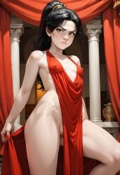 1girls ai_generated ancient_rome angry black_hair cleavage corinthian_column greek greek_clothes greek_female halterneck jokerofhearts nipple_bulge pelvic_curtain plunging_neckline pussy pussy_peek red_dress roman roman_clothing roman_column roman_empire roman_female roman_woman solo tsundere