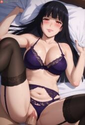 1boy 1girls ai_generated airiakane bare_thighs big_penis black_hair gigantic_breasts huge_breasts huge_cock huge_thighs jabami_yumeko kakegurui light-skinned_female light-skinned_male light_skin lingerie long_hair looking_at_viewer massive_breasts nai_diffusion panties_aside penis red_eyes sex smiling squatting sweat sweatdrop thick_body thick_female thick_thighs thighhighs thighs vaginal_penetration veiny_penis voluptuous voluptuous_female