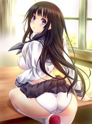 1girls arm_support ass bangs black_hair blunt_bangs blush bra breasts chitanda_eru eyelashes female hyouka large_breasts long_hair looking_at_viewer looking_back midriff nagayori panties purple_eyes school_uniform serafuku shirt_lift skirt skirt_lift solo tareme underwear upskirt white_bra white_panties wide_hips