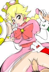 1girls 3boys blonde_hair blowjob bow bow_tie clothing crown dress dress_lift erection faceless_male female female_focus grabbing_arm grabbing_breast grabbing_head green_shirt green_sleeves handjob light-skinned_female light_skin long_hair luigi male male/female mario mario_(series) new_super_mario_bros._u_deluxe nintendo oral oral_sex peachette penis penis_in_mouth penis_in_pussy pink_dress pubic_hair red_shirt red_sleeves sex straight straight_sex stroking_penis toad_(mario) toadette unknown_artist unseen_male_face white_background white_gloves yellow_toad