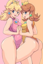 2girls ass ass_focus back big_ass blonde_hair blue_eyes blush breasts brooch brown_hair bubble_butt butt_focus crown earrings female female_only flipped_hair hand_holding hips holding_hands huge_ass human kihaiu large_ass leotard lesbian long_hair looking_at_viewer looking_back mario_(series) mario_and_sonic_at_the_olympic_games medium_breasts multiple_females nintendo open_mouth orange_background panties pink_background ponytail princess_daisy princess_peach scrunchie short_hair shoulder_length_hair sideboob smile swimsuit thick thick_thighs thighs thong thong_leotard tied_hair underwear wedgie wide_hips yuri