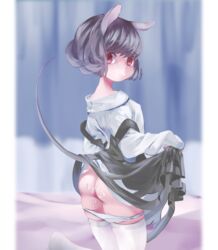 after_sex animal_ears ass blush cum cum_on_ass dress female grey_dress grey_hair kneeling long_sleeves looking_at_viewer looking_back mouse_ears mouse_tail namauni nazrin panties panty_pull pink_eyes shirt solo tail thighhighs touhou underwear white_legwear