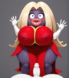 ai_generated bimbo bimbo_lips blonde_hair dress elbow_gloves grey_background hands_up huge_ass huge_breasts imminent_sex jynx looking_at_viewer pokemon pokemon_(species) pov purple_body small_penis small_penis_adoration smile