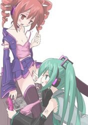 blush clitoral clitoral_fingering clitoral_stimulation clitoris dildo female fingering flat_chest hatsune_miku kasane_teto multiple_girls panties panties_around_leg panty_pull pink_panties pussy_juices thighhighs utau vocaloid yuri