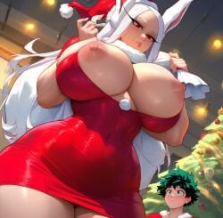 1girls ai_generated animal_ears boku_no_hero_academia breasts bunny_ears christmas christmas_outfit christmas_tree huge_breasts izuku_midoriya long_hair midoriya_izuku mirko my_hero_academia nipples racerai red_eyes rumi_usagiyama santa_hat thick_thighs thighs