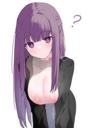 1girls =_= ? absurdres black_robe breasts closed_mouth dress female_focus female_only fern_(sousou_no_frieren) highres large_breasts leaning_forward long_hair looking_at_viewer memekko no_bra open_clothes open_robe purple_eyes purple_hair robe see-through see-through_clothes see-through_clothing shirt simple_background solo sousou_no_frieren unaware very_long_hair white_background white_dress