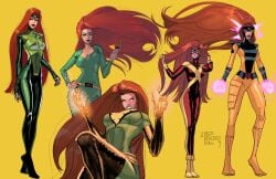 1girls big_breasts bodysuit cleavage flowing_hair fully_clothed glowing_eyes green_eyes hair_fetish jean_grey large_breasts marvel marvel_comics mask multiple_outfits multiple_views phoenix_(x-men) red_hair redrollerball superheroine tight_clothing very_long_hair x-men yellow_background