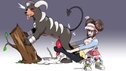 1boy 1girls black_fur blue_eyes blush breasts breasts_out brown_hair canid canine clothing cum cum_on_ground cum_on_hat cum_on_shoes emphasis_lines feet female feral foot_fetish foot_play footjob footjob_from_behind footjob_with_legwear generation_2_pokemon genital_fluids genitals hat hi_res houndoom human magnifire male male/female male_pokemon/female_human mammal nintendo open_mouth panting penis pokemon pokemon_(species) pokemon_bw pokephilia rosa_(pokemon) saliva_drip shoes_removed simple_background socks_removed surprised tights zoophilia zoophilia