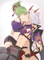 1boy 1girls arataki_itto bare_belly bare_midriff bigger_male black_nails booty_shorts closed_eyes female genshin_impact green_hair kissing kuki_shinobu making_out male male/female on_lap oni oni_horns red_horns seshirukun shorts size_difference smaller_female straight undressing undressing_another white_hair