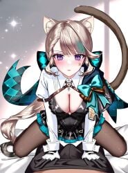 absurd_res ai_generated animal_ear_fluff animal_ears bangs bow braid breasts cat_ears cat_girl cat_tail cleavage facial_mark female genshin_impact glint gloves heart_tail kemonomimi_mode lens_flare light_particles long_hair looking_at_viewer lynette_(genshin_impact) ministro monkey_tail multiple_tails pantyhose purple_eyes sparkle sparkle_background star_(sky) starry_sky tail tail_raised