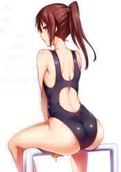 1girls ass back brown_eyes brown_hair competition_swimsuit female hair highres human looking_at_viewer looking_back one-piece_swimsuit original ponytail scrunchie sitting solo swimsuit tied_hair toned tsuki_tokage wet