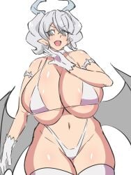 bikini blush dd_(artist) demon demon_girl duel_monster female female gloves horns labrynth_of_the_silver_castle large_breasts laughing legwear looking_at_viewer lovely_labrynth_of_the_silver_castle milf navel short_hair silver_hair solo twintails voluptuous white_background white_hair yu-gi-oh!