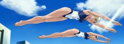 00s 2005 2girls anime_screenshot ass barefoot bible_black bible_black_only blonde_hair blue_sky breasts curvy day diving highleg highleg_one-piece_swimsuit jumping large_breasts light_rays looking_down lowres multiple_girls one-piece_swimsuit saeki_kaori shiny_skin sky smile sunbeam sunlight swim_cap swimsuit tagme two-tone_swimsuit