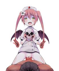 1boy 1girls alpha_channel blood blood_on_face blush cute_fang demon_wings ebola-chan female flower hair_flower hair_ornament highres holding long_hair male no_panties nurse nurse_cap open_mouth original pale_skin penis personification pink_hair pussy sex skull small_wings straight tied_hair transparent_background twintails vaginal_penetration wings yellow_eyes yurarin