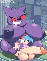 big_breasts big_penis blue_hair boyfriend_(friday_night_funkin) breasts breasts_on_head friday_night_funkin friday_night_funkin_lullaby friday_night_funkin_mod gengar glans penis pixel_art pokemon pokemon_(species) purple_fur spicyboi tagme