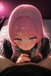 :>= bang_dream! bang_dream!_it's_mygo!!!!! bar_censor blowjob censored chihaya_anon clothing cock_hungry face_fucking fellatio hand_on_penis male_pov oral pink_hair pov seductive seductive_eyes seductive_look submissive_female sweat sweatdrop