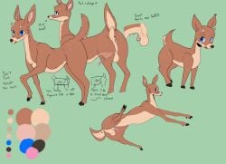 animal_genitalia antlers anus ass balls blue_eyes bodily_fluids deer duplicatename feral freckled_butt freckled_face freckles furrycheetah_(artist) genital_fluids genitals hi_res hooves horn male mammal model_sheet penis precum raised_tail sheath solo tail