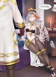 1boy 1girls 1other absurdres alternate_costume baldr_(fire_emblem_heroes) breasts candle cleavage cosplay cuffs dancer dancer_(three_houses) dancer_outfit dorothea_arnault dorothea_arnault_(plegian) dorothea_arnault_(plegian)_(cosplay) english_text fire fire_emblem fire_emblem_heroes grey_hair handcuffs heterochromia highres holding holding_handcuffs igni_tion indoors kiran_(fire_emblem) large_breasts multicolored_hair nail_polish navel night nintendo on_bed orange_hair pelvic_curtain red_nails sitting smile text yellow_eyes