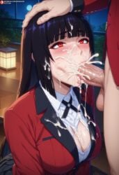 1boy 1girls ai_generated airiakane balls big_balls big_penis black_hair blowjob blush cum cum_explosion cum_in_mouth cum_on_breasts cum_on_face cum_on_hair cum_overflow cum_overflowing cumshot cumshot_in_mouth excessive_cum gigantic_breasts huge_balls huge_breasts huge_cock jabami_yumeko kakegurui light-skinned_female light-skinned_male light_skin long_hair massive_breasts nai_diffusion oral_sex penis red_eyes school_uniform schoolgirl squatting sweat sweatdrop thick_body thick_female veiny_penis voluptuous voluptuous_female