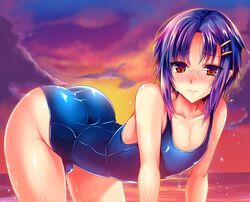 1boy all_fours androgynous ass blush brown_eyes bulge cloud color crossdressing femboy glasses hair_ornament hairclip human inui_nozomu male male_only ocean one-piece_swimsuit original purple_hair school_swimsuit shimaji sky solo sunset swimsuit trap water wet