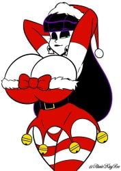 arms_up atomickingboo black_hair christmas lindel_dollice_quilten looking_at_viewer pale-skinned_female santa_costume solo standing