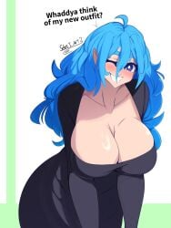 1girls big_breasts blue_hair blue_hair_female english_dialogue english_text female female_focus female_only huge_breasts irene_(sebs_i_art) long_hair long_hair_female not_porn original original_character purple_eyes sfw solo solo_female solo_focus talking_to_viewer text wink winking winking_at_viewer