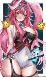 :3 absurdres animal_ear_fluff animal_ears arm_behind_back artist_name beret black_hat black_tube_top blue_gemstone blush border breasts cat_emoji chattino_(raora_panthera) closed_mouth copyright_notice cowboy_shot emoji fan_mascot_(vtuber) fang_out female garter_straps gem goggles goggles_on_head hair_intakes hat highres holding holding_stylus hololive hololive_english hololive_english_-justice- large_breasts long_hair looking_at_viewer multicolored_hair oerba_yun_fang outside_border panther_ears panther_girl panther_tail pink_hair pink_tail raora_panthera raora_panthera_(1st_costume) single_garter_strap solo standing strapless streaked_hair stylus tail tail_raised thick_thighs thigh_strap thighs tube_top very_long_hair vest virtual_youtuber viviria white_border white_hair white_vest yellow_eyes