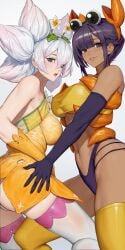 2girls ass ass ass_focus bent_elbows bent_knees bent_legs black_skin breasts breasts breasts_out crab female female_focus female_only flower_hair flower_in_hair girls girls_only gloves green_eyes hip_grab hips legs_bent lips looking_at_viewer multiple_straps navel navel_line neoartcore panties pose posing purple_gloves purple_hair purple_panties sexy_armpits sexy_ass sexy_body sexy_clothing sexy_hips sexy_pose short_hair shoulders showing_ass small_lips smile smiling smiling_at_viewer socks standing straps thailand thigh_highs thighhighs thighs tight_clothing tight_fit tights tiny_waist touching_thigh trend turning_head underwear white_flower white_hair white_panties white_skin white_socks yellow_dress yellow_gloves yellow_socks