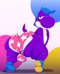 1boy absurd_res aged_up anthro ass bedroom_eyes big_butt bulge clothing detailed_bulge footwear hair hi_res looking_at_viewer looking_back male male_only mario_(series) narrowed_eyes nintendo panties paper_mario:_the_thousand_year_door purple_body seductive shoes solo super_mario_bros. tepigfan101 the_great_gonzales_jr underwear wrestler yoshi