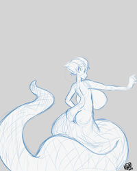 back big_breasts breasts female greyscale huge_breasts hyper looking_at_viewer naga nobro short_hair sideboob sketch snake