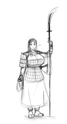 1girls armour breasts dress franktonius large_breasts long_hair original_character samurai sandals spear