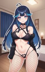 ahoge ai_generated ass_visible_from_the_front ass_visible_through_thighs bedroom big_breasts big_breasts big_breasts black_clothes black_clothing black_fur blue_eyes blue_hair blush blush blush_lines blushing_at_viewer breasts breasts breasts choker choker_charm choker_collar cleavage collar cyan_hair detached_sleeves fishnet fishnet_legwear fishnet_stockings fishnets fur heart_shape heart_symbol jorgecarlosai long_hair metal_ring outline ring sleeves slut slutty_clothing slutty_outfit smile standing star_eyes thong two_tone_hair underwear watermark