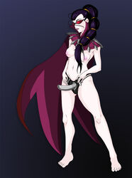 barefoot black_hair breasts feet female high_collar jackal_tanhorn league_of_legends long_hair navel nipples red-tinted_eyewear solo standing strap-on sunglasses tinted_eyewear vayne