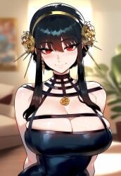 ai_generated black_hair breasts curvy dark-skinned_male dark_skin female huge_breasts indoors interracial juuicyai light-skinned_female light_skin male massive_ass massive_breasts narrow_waist red_eyes spy_x_family thick_thighs wide_hips yor_forger