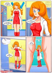 1boy 1girls bathroom blue_eyes clothing comic dialogue duo female human indoors light-skinned_female light-skinned_male light_skin long_hair male mario_(series) mona_(warioware) nintendo open_mouth palcomix red_boots red_shirt shower shower_head speech_bubble standing text thought_bubble unseen_male_face voluptuous voluptuous_female wario warioware white_coat