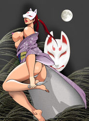 absurdres areola ass barefoot beauty_mark breasts erect_nipples feet female fox_mask fundoshi highres japanese_clothes kimono kunai kunimitsu kunimitsu_(tekken) kunoichi large_breasts legs lipstick long_hair makeup masa_(mk2244) mask mole moon namco night night_sky ninja nipples obi panties red_hair red_lips sash sideboob solo split_ponytail tekken tekken_1 tekken_2 tekken_tag_tournament tekken_tag_tournament_2 thighs tied_hair twintails weapon white_panties