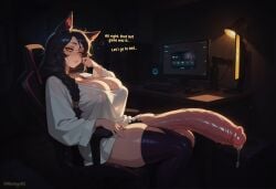 1futa 2025 ahri ai_generated balls big_balls big_breasts big_penis black_hair breasts cleavage dialogue female fox_ears fox_girl futanari gamer_chair gamer_futa huge_balls huge_breasts huge_cock hung_futa hyper_balls hyper_penis intersex league_of_legends looking_at_viewer noonyx penis precum precum_drip precum_string pubic_hair setup sleepy sweat sweatdrop sweating sweaty sweaty_penis text thick_thighs veiny_penis yellow_eyes