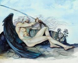 1boy artist_request artistic_nude black_wings fallen_angel fallen_angel_(cabanel) feathered_wings final_fantasy final_fantasy_vii final_fantasy_vii_remake fine_art_parody flower inspired_by_formal_art long_hair long_hair_male long_sword male_focus male_only naked naked_male nude nude_male on_ground one_wing rose rose_(flower) sephiroth silver_hair solo_male sword winged_humanoid wings