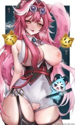 :3 absurdres animal_ear_fluff animal_ears aqua_background armpit_crease artist_name ascot beret black_garter_straps black_hat black_thighhighs blush border breasts cat_emoji chattino_(raora_panthera) closed_mouth collared_shirt commentary copyright_notice crotch_cutout english_commentary fan_mascot_(vtuber) female garter_straps goggles goggles_on_head hair_intakes hat heart heart_in_eye highres holding holding_stylus hololive hololive_english hololive_english_-justice- huge_breasts jewelry long_hair looking_at_viewer multicolored_hair nipples oerba_yun_fang one_breast_out panther_ears panther_girl pink_hair pussy pussy_cutout raora_panthera raora_panthera_(1st_costume) shirt shorts single_garter_strap single_thighhigh smile steaming_body streaked_hair stylus symbol_in_eye thigh_strap thighhighs thighs tongue tongue_out two-tone_hair uncensored underbust virtual_youtuber viviria white_ascot white_border white_hair white_shirt white_shorts yellow_eyes