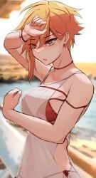 1_hp_club 1girls alice_(1_hp_club) bikini bikini_strings bikini_top blonde_hair female female female_focus female_only single_girl sweat swimsuit swimwear transparent_clothing transparent_shirt