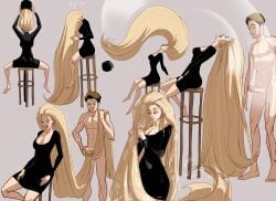 1boy 1girls black_dress blonde_hair cleavage closed_eyes commission cum cum_in_hair cum_on_hair earrings erect_penis erection hair_flip hair_on_floor hairjob hat hoop_earrings original original_character original_characters penis redrollerball sitting stool stool_(chair) very_long_hair