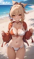 1girls ai_generated bangs beach big_ass big_breasts bikini bikini_bottom bikini_top blonde_female blonde_hair blonde_hair genshin_impact hair_ornament high_resolution highres hoyoverse jasse looking_at_viewer tagme tan_body tan_skin tanline tanlines yoimiya_(genshin_impact)