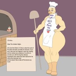 animated anthro appliance apron ass avian big_butt big_penis bird boots chef_hat chica_(fnaf) chicken clothed clothing cupcake curvy_figure el_chico_(photolol.03) five_nights_at_freddy's food footwear galliform gallus_(genus) genitals hat headgear headwear hi_res holding_object information_box kerchief kitchen_appliance male muscular muscular_anthro muscular_male oven penis phasianid photolol.03 pink_eyes scottgames shoes simple_background solo text thick_thighs wide_hips