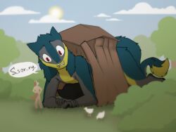anthro apology big_penis brom_(sahurus) building destroyed_building destruction duo equid equine fangs fluffy fur genitals green_body green_fur grey_body grey_fur growth hi_res horse huge_cock hyper hyper_genitalia hyper_penis macro male mammal penis red_eyes rubble sergal shed shy squeaker tail tail_tuft teeth tuft yellow_body yellow_fur