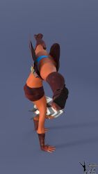 1girls 3d acrobatic ahsoka_tano alien belly_button boots clone_wars dc15-a female female_only gloves gymnastics handstand jedi jedi_padawan looking_at_viewer orange_body orange_skin simple_background skirt solo standing star_wars the_clone_wars:_season_one togruta