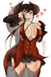 ;p black_hair breasts brown_hair cleavage detached_sleeves dress eliza_(tekken) elizabeth_(ren0522) erect_nipples eyeshadow female gesture heart highres horns large_breasts makeup md5_mismatch nail_polish namco one_eye_closed painted_nails red_dress red_eyes skirt solo standing stockings sweat tekken tekken_revolution thick_thighs thighhighs thighs tongue tongue_out v v_over_eye vampire vampire_girl wink