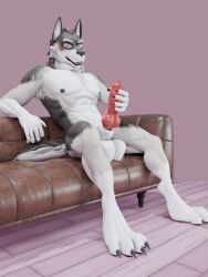 3d_(artwork) absurd_res animal_genitalia anthro balls canid canine canis claws digital_media_(artwork) furniture genitals hi_res hybrid_pup knot knotted_penis looking_at_viewer male mammal masturbation muscular muscular_male nipples pecs penis smile smirk sofa solo wolf